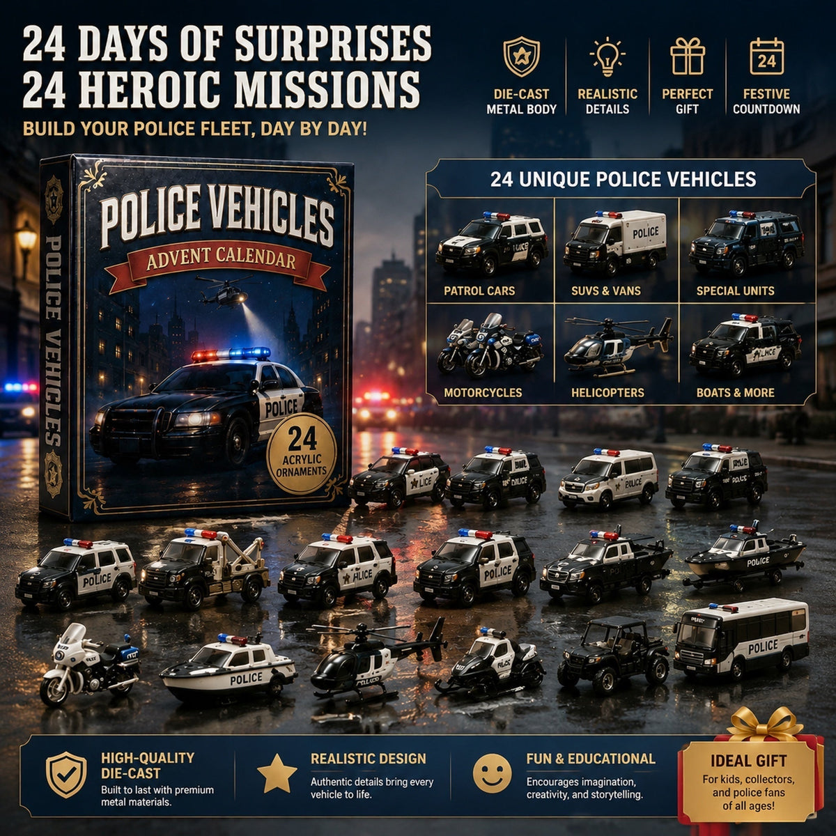 Politievoertuigen Adventskalender 2026 - 24 Acryl Politieauto Ornamenten