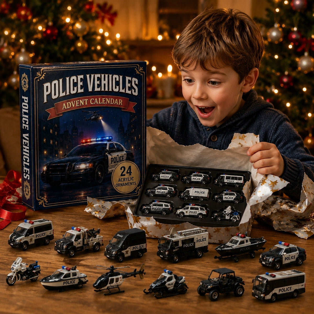 Politievoertuigen Adventskalender 2026 - 24 Acryl Politieauto Ornamenten