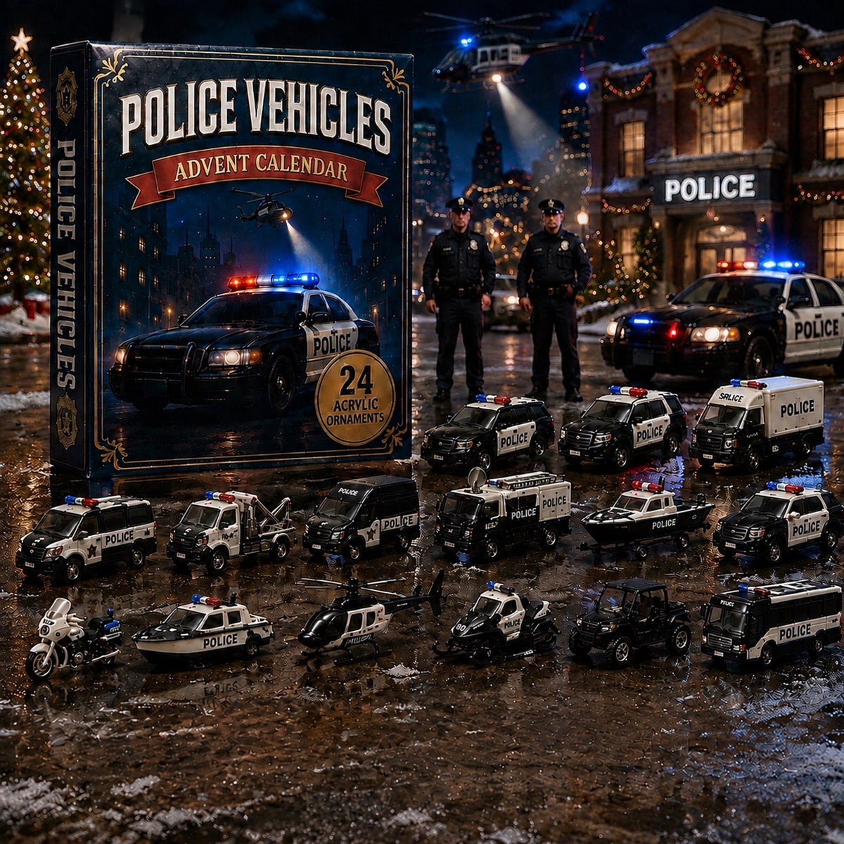 Politievoertuigen Adventskalender 2026 - 24 Acryl Politieauto Ornamenten