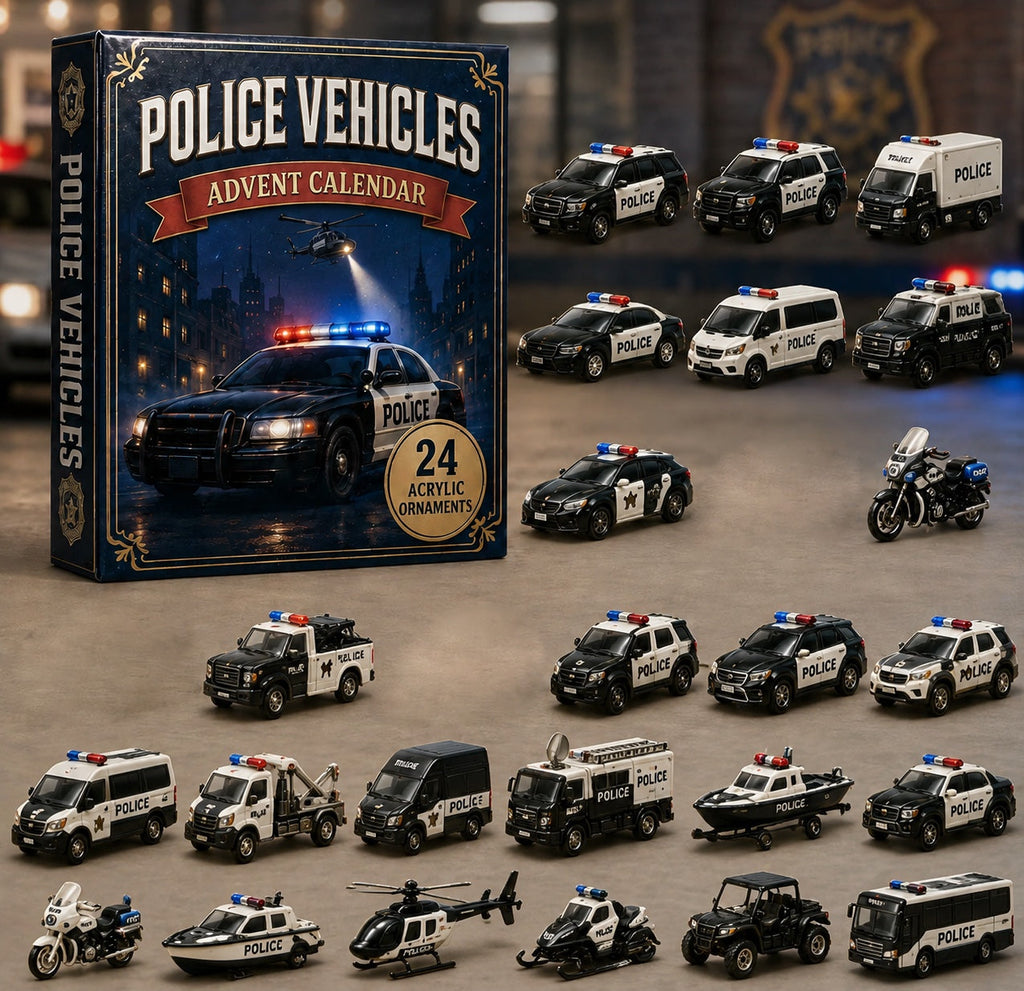 Politievoertuigen Adventskalender 2026 - 24 Acryl Politieauto Ornamenten