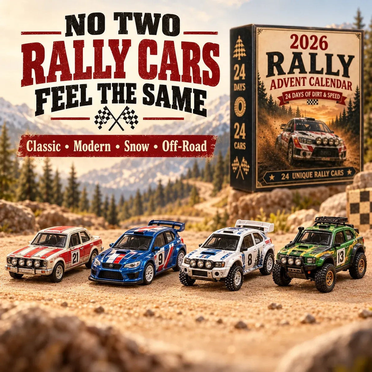 Rally Adventskalender 2026 - 24 Unieke Miniatuur Rallyauto's