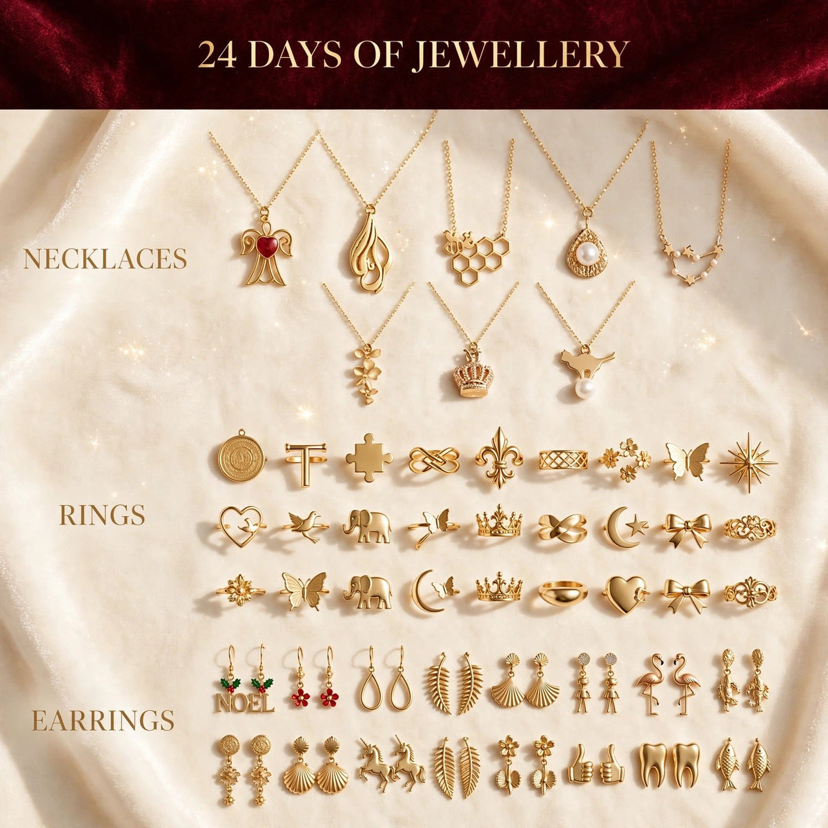 Sieraden Adventskalender 2026 - 24 Goudkleurige Kettingen, Ringen en Oorbellen