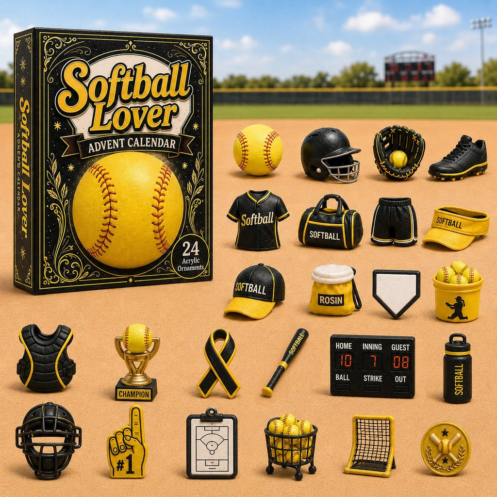 Softbal Adventskalender 2026 - 24 Acryl Bedeltjes, Cadeau voor Softballers