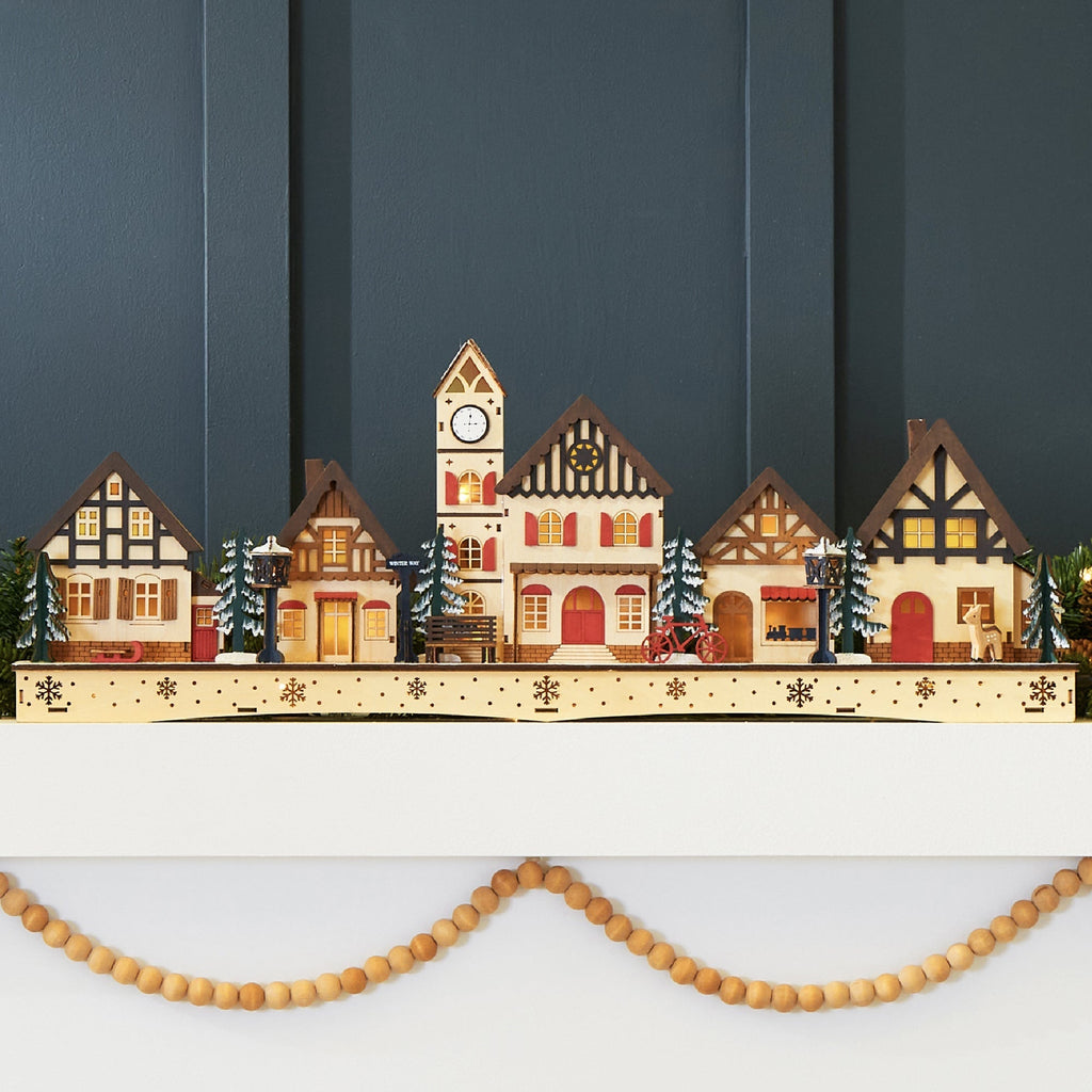 Verlicht Houten Kerstdorp - Schoorsteendecoratie met LED-huisjes