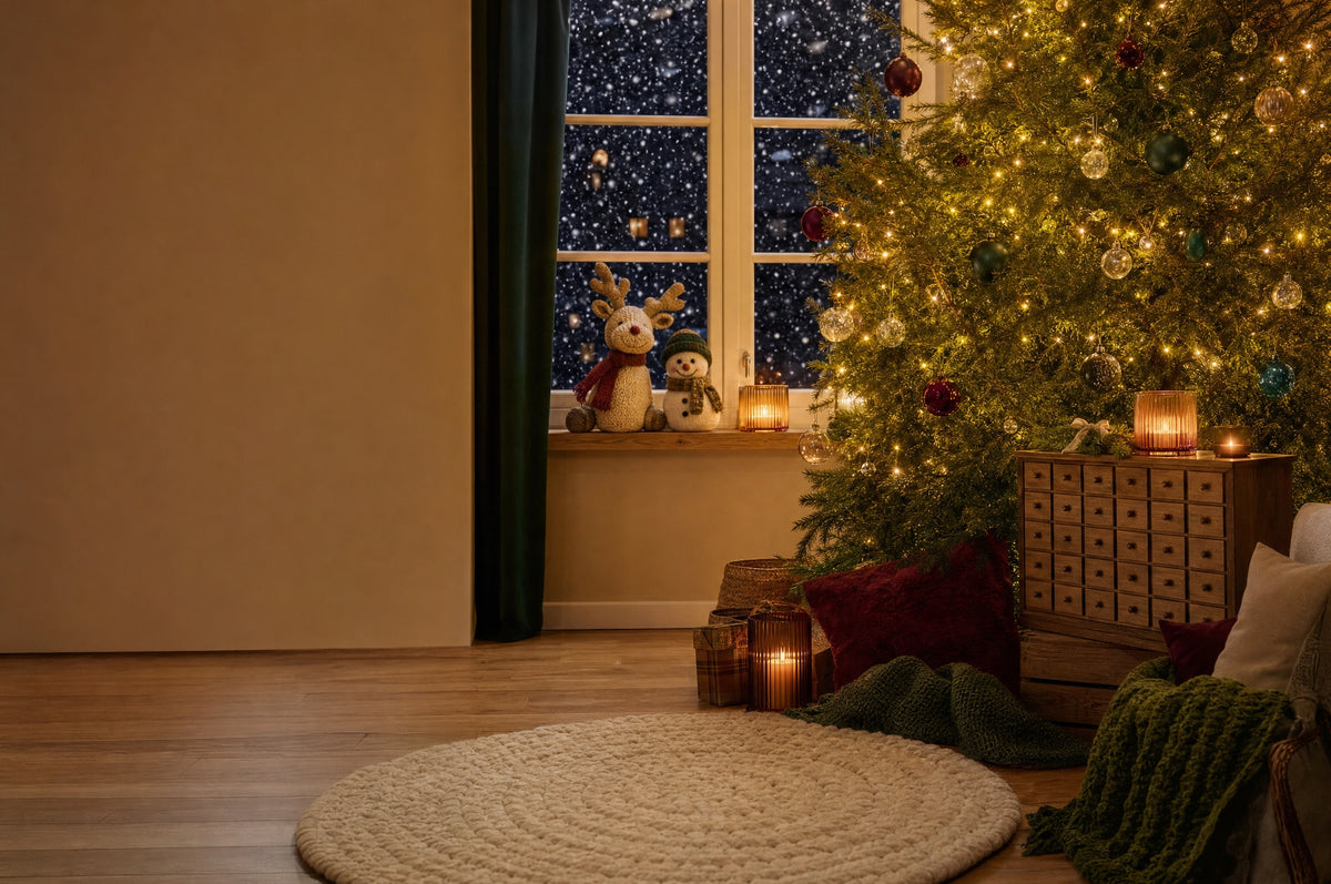 Cosy Christmas living room with tree, advent calendar and round rug