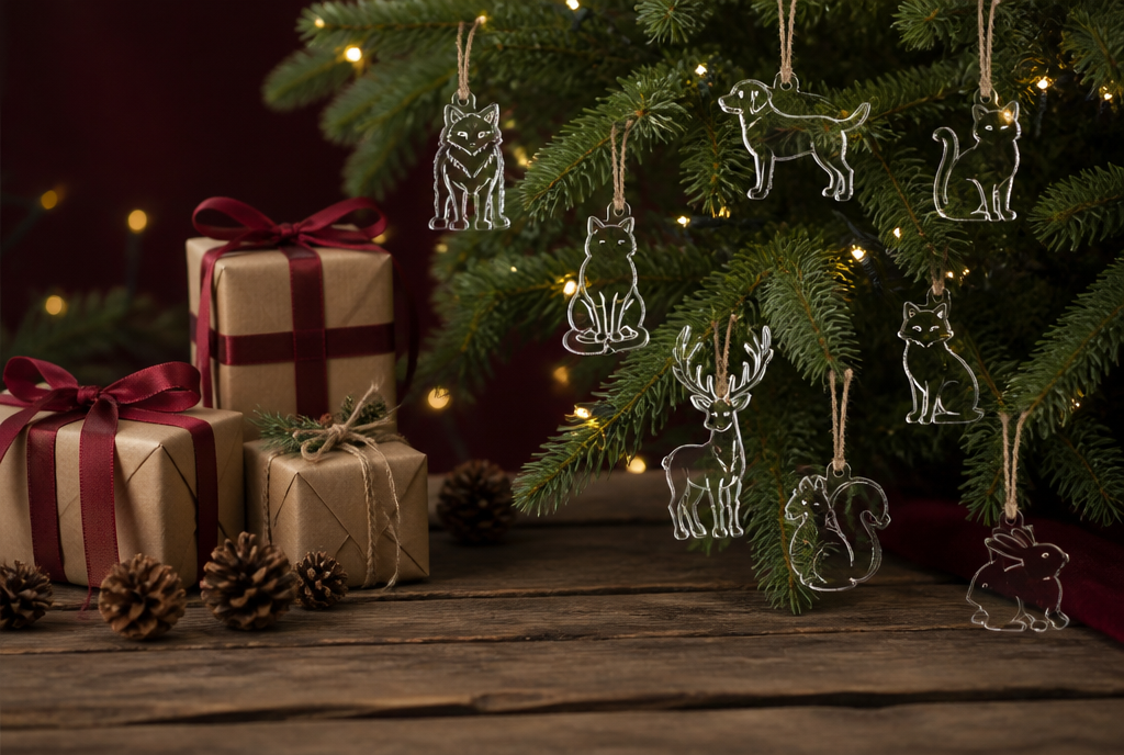 Acrylic animal Christmas ornaments on a Christmas tree