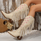 Cowboylaarzen dames met franjes en roze sterborduursel - kniehoog