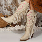 Cowboylaarzen dames met franjes en roze sterborduursel - kniehoog