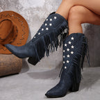 Cowboylaarzen dames met franjes en roze sterborduursel - kniehoog