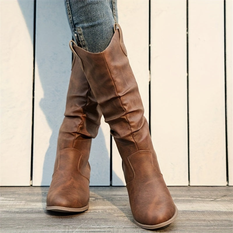 Cowboylaarzen dames kniehoog instapmodel - brede kuit platte hak
