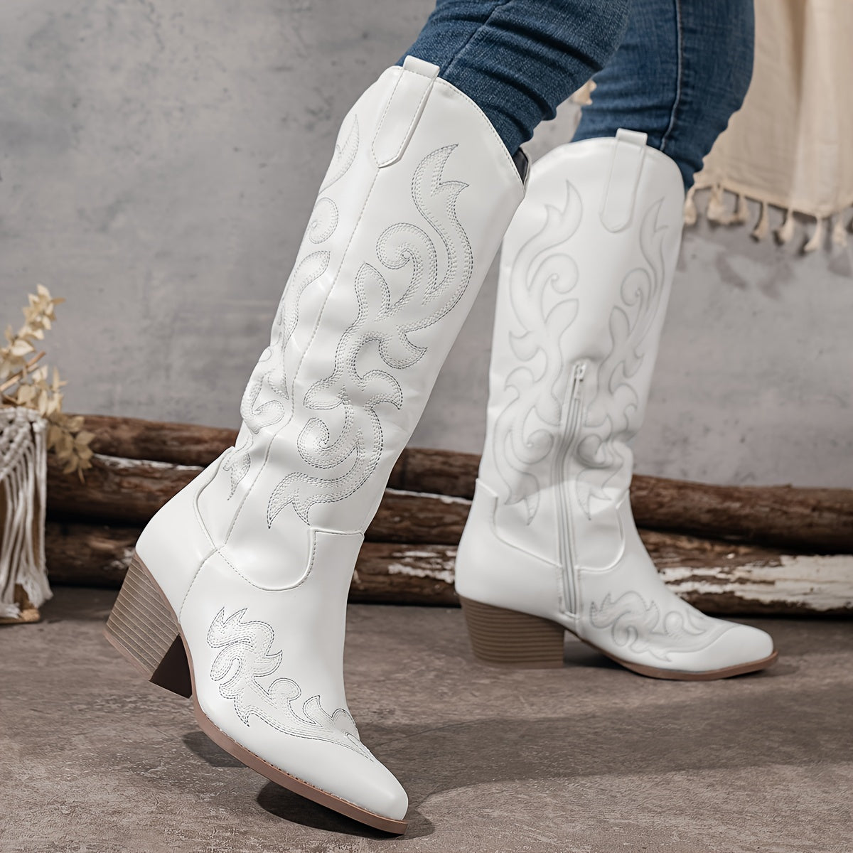 Cowboylaarzen dames kniehoog met rits achter - brede kuit stiksel