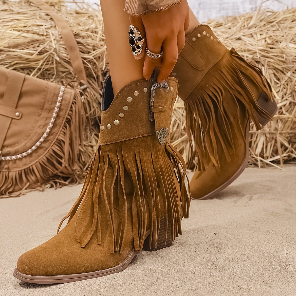 Cowboylaarzen dames met franjes en studs - brede kuit western stijl