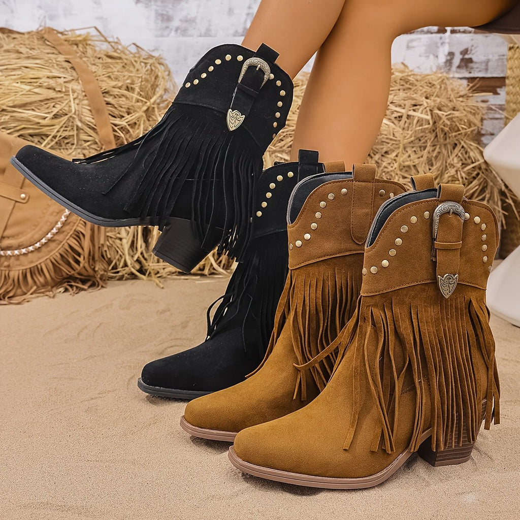 Cowboylaarzen dames met franjes en studs - brede kuit western stijl