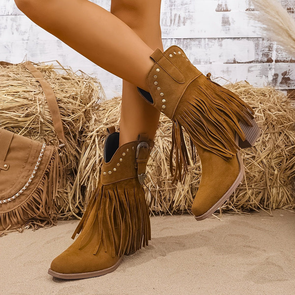 Cowboylaarzen dames met franjes en studs - brede kuit western stijl