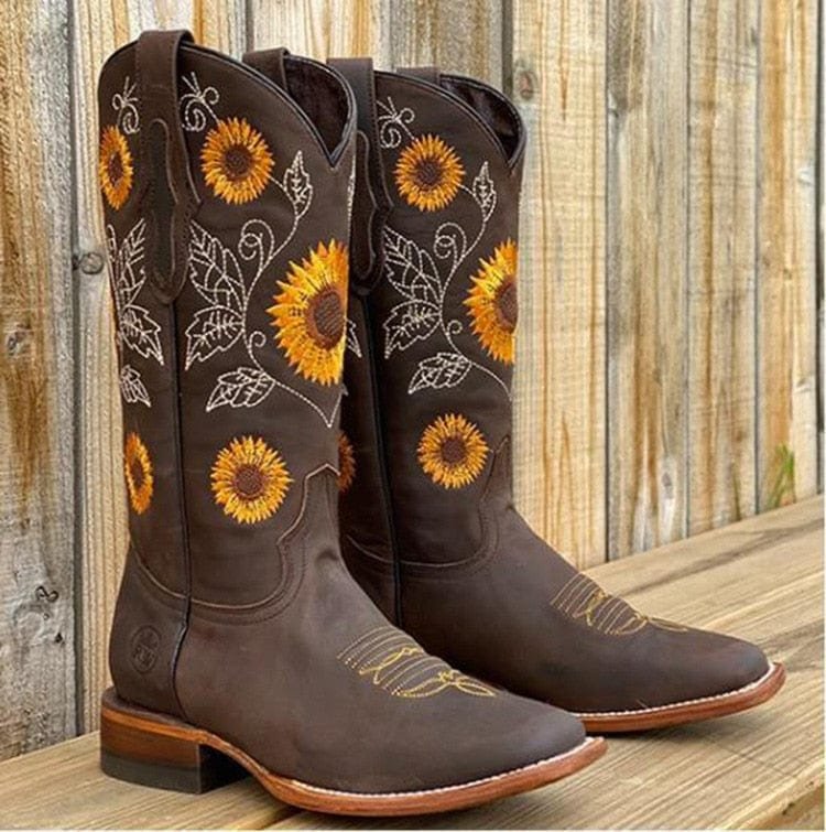 Cowboylaarzen dames met zonnebloem borduursel - brede kuit