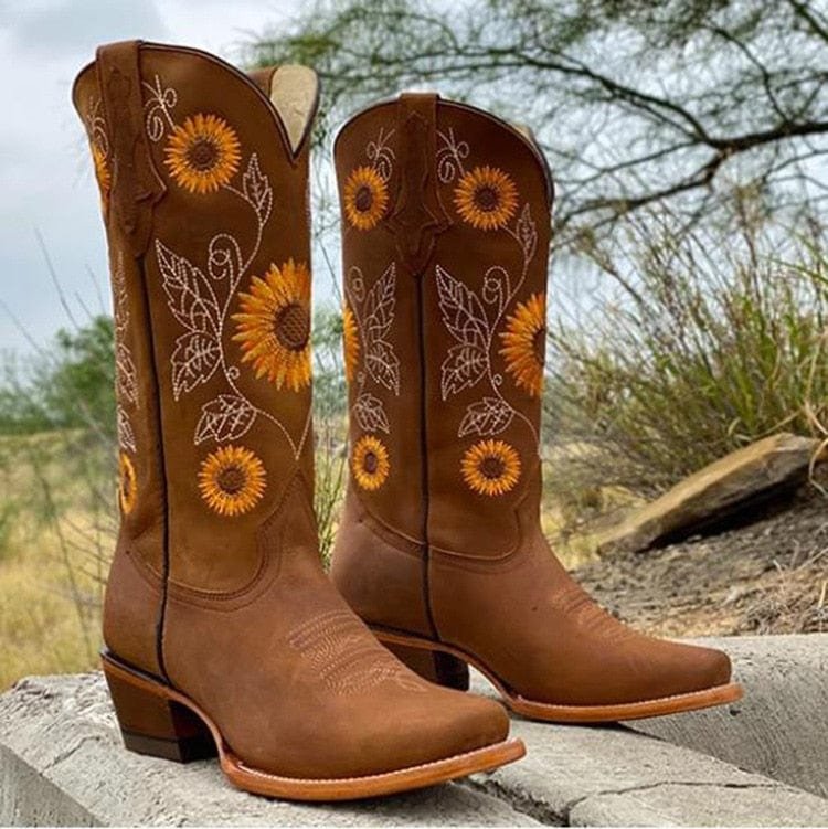 Cowboylaarzen dames met zonnebloem borduursel - brede kuit
