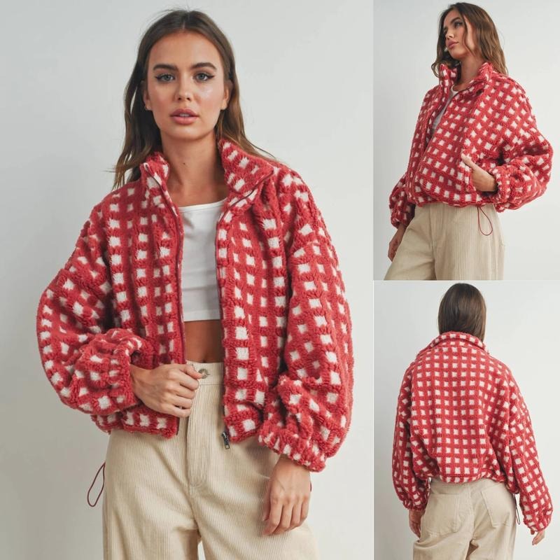 Dames Gezellige Ruit Sherpa Fleece Jas in een trendy stijl