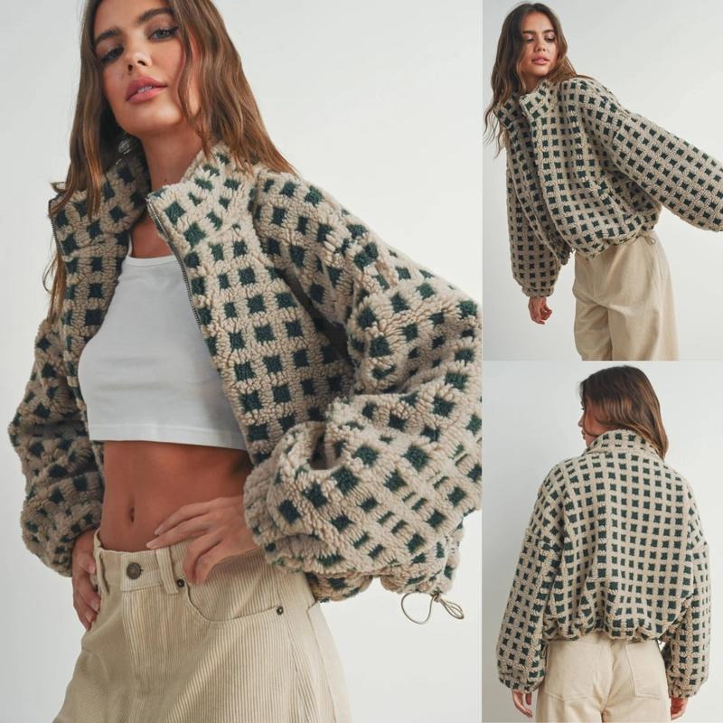 Dames Gezellige Ruit Sherpa Fleece Jas in een trendy stijl 2