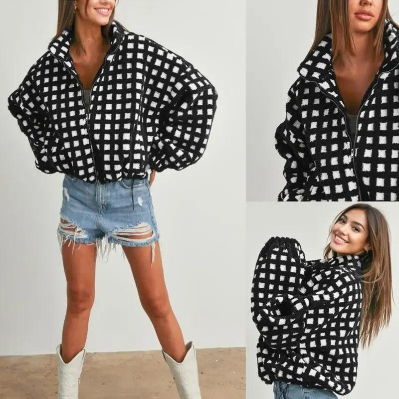 Dames Gezellige Ruit Sherpa Fleece Jas in een trendy stijl 3