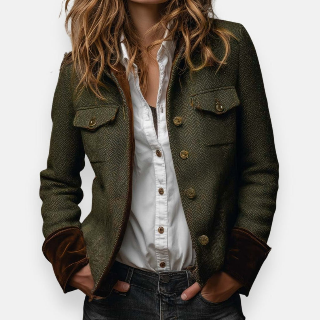 Stijlvolle dames haringbone tweed utility jacket met gouden knopen