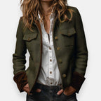 Stijlvolle dames haringbone tweed utility jacket met gouden knopen