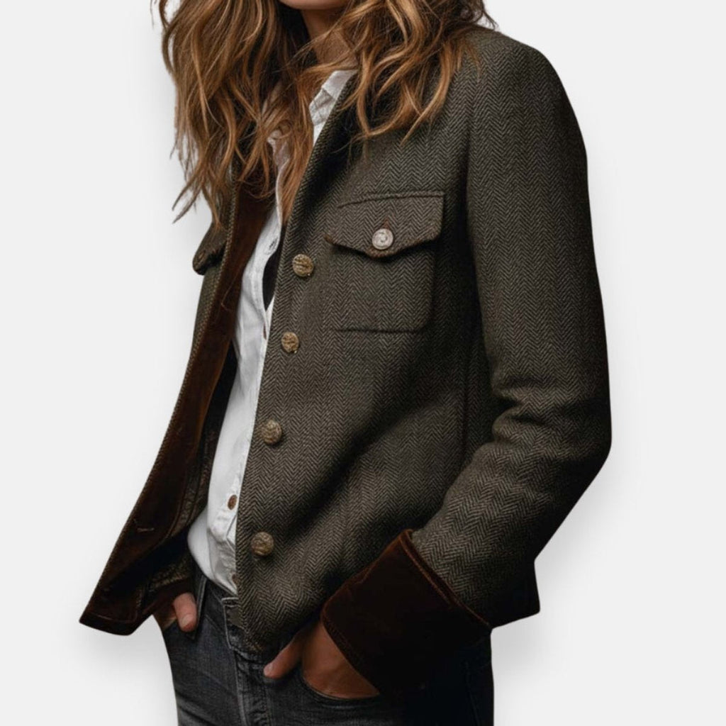 Stijlvolle dames haringbone tweed utility jacket met gouden knopen 4