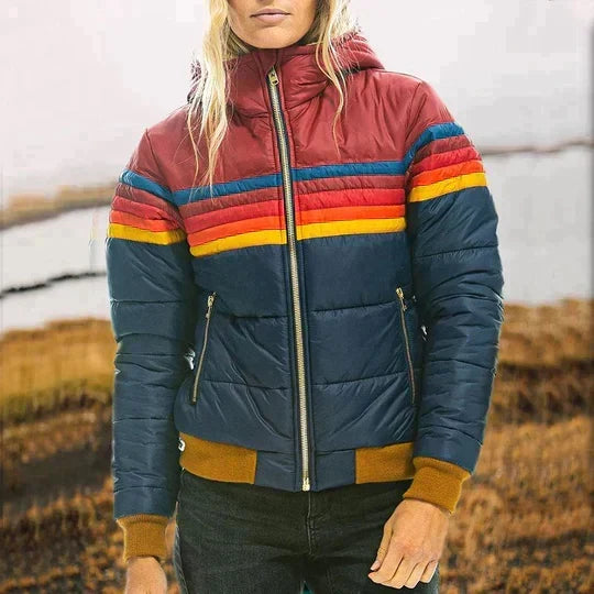 Dames retro colorblock puffer jas in stijlvol ontwerp