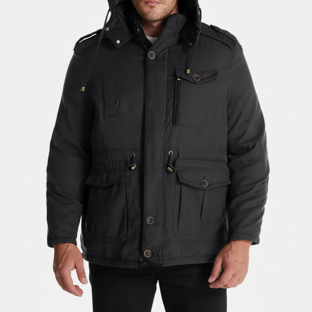 Hooded cargo jacket voor mannen met militaire stijl en functionaliteit.