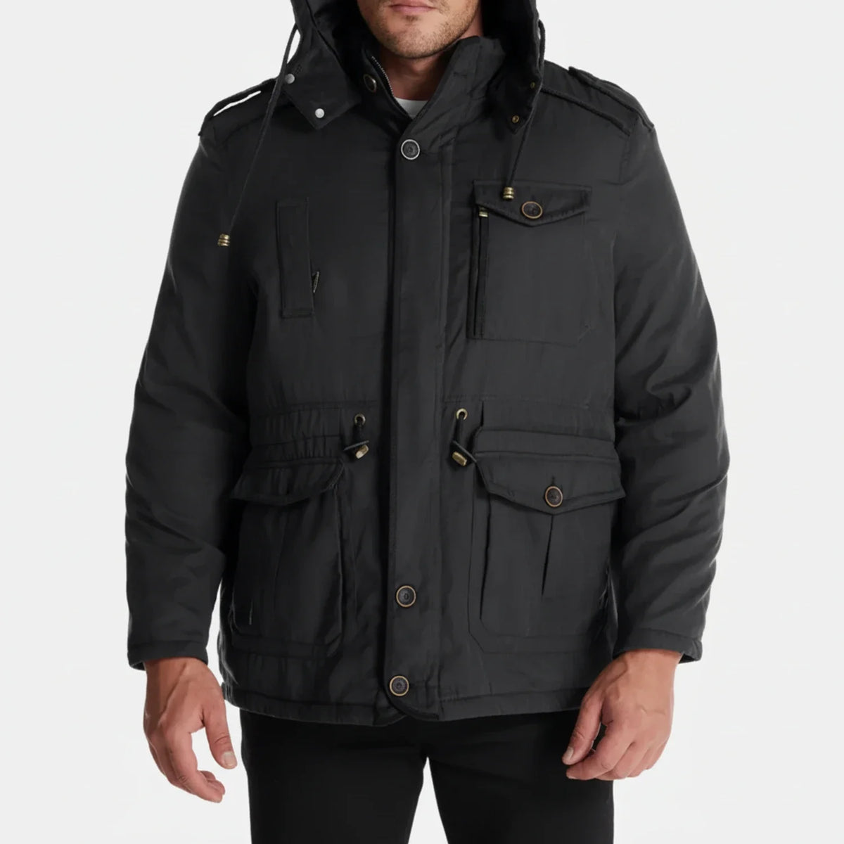 Hooded cargo jacket voor mannen met militaire stijl en functionaliteit.