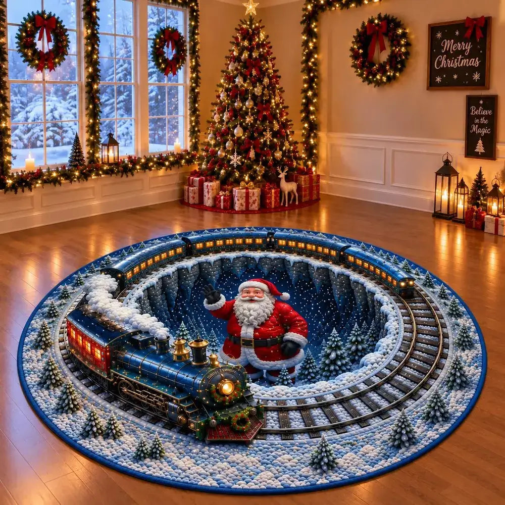 Ijsblauw Kersttrein Rond Tapijt - Gezellige gequilted mat met kersttreindesign 2