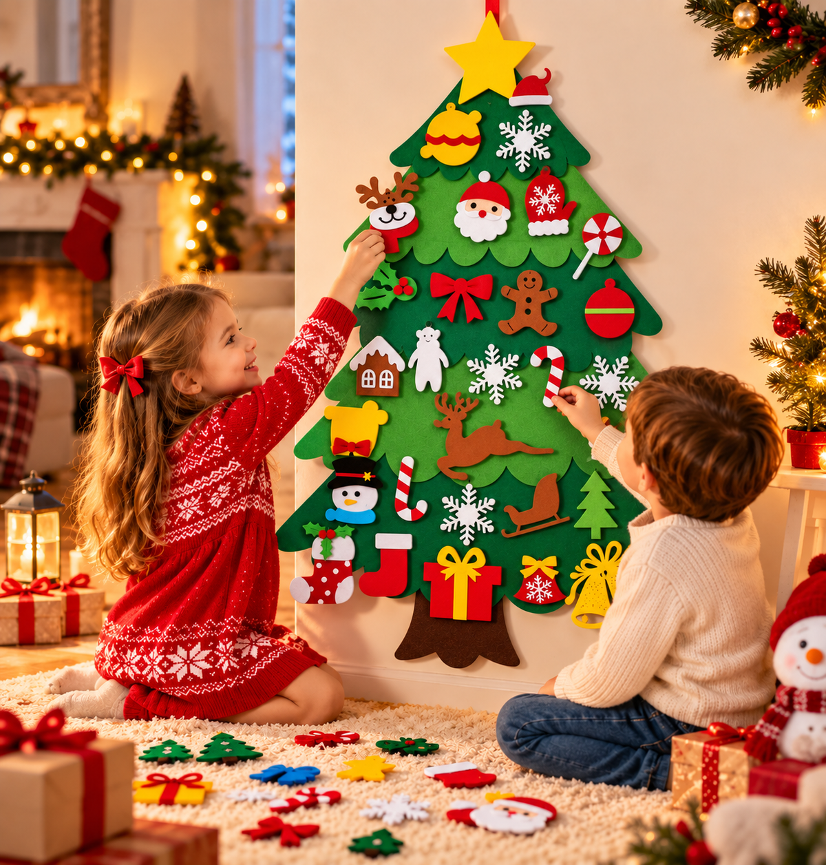 Kerstboom in vilt voor kinderen om creatief te versieren. 13
