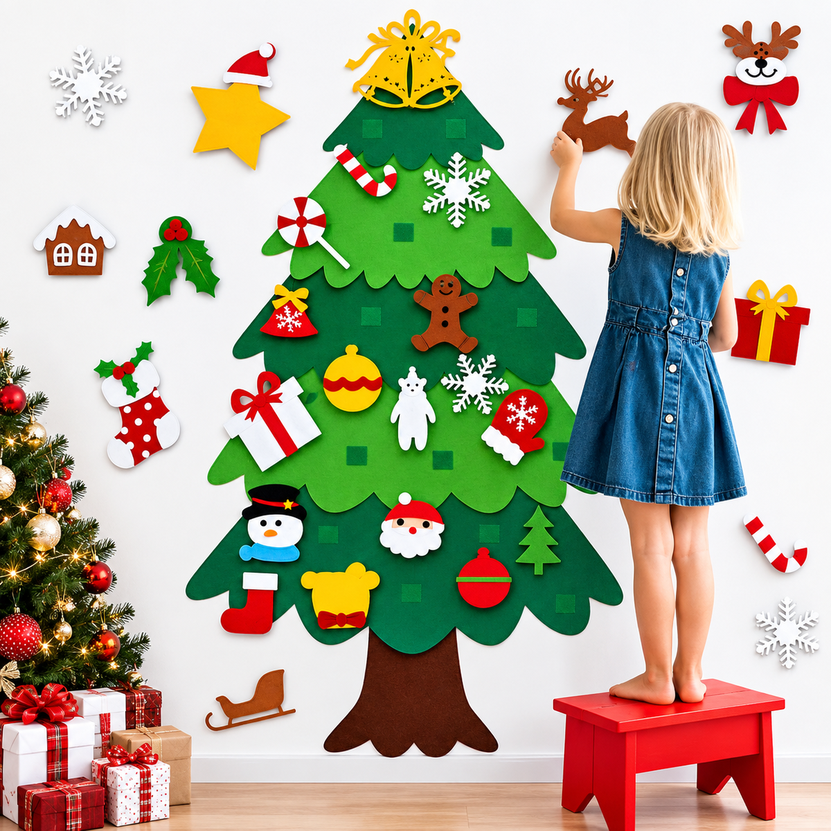 Kerstboom in vilt voor kinderen om creatief te versieren. 14