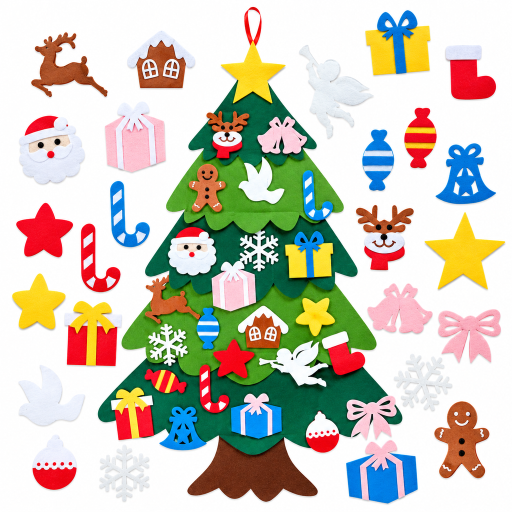 Kerstboom in vilt voor kinderen om creatief te versieren. 3