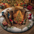 Kerstmagische ronde mat met gnomen en cadeaus - gequilteerde feestelijke huismat
