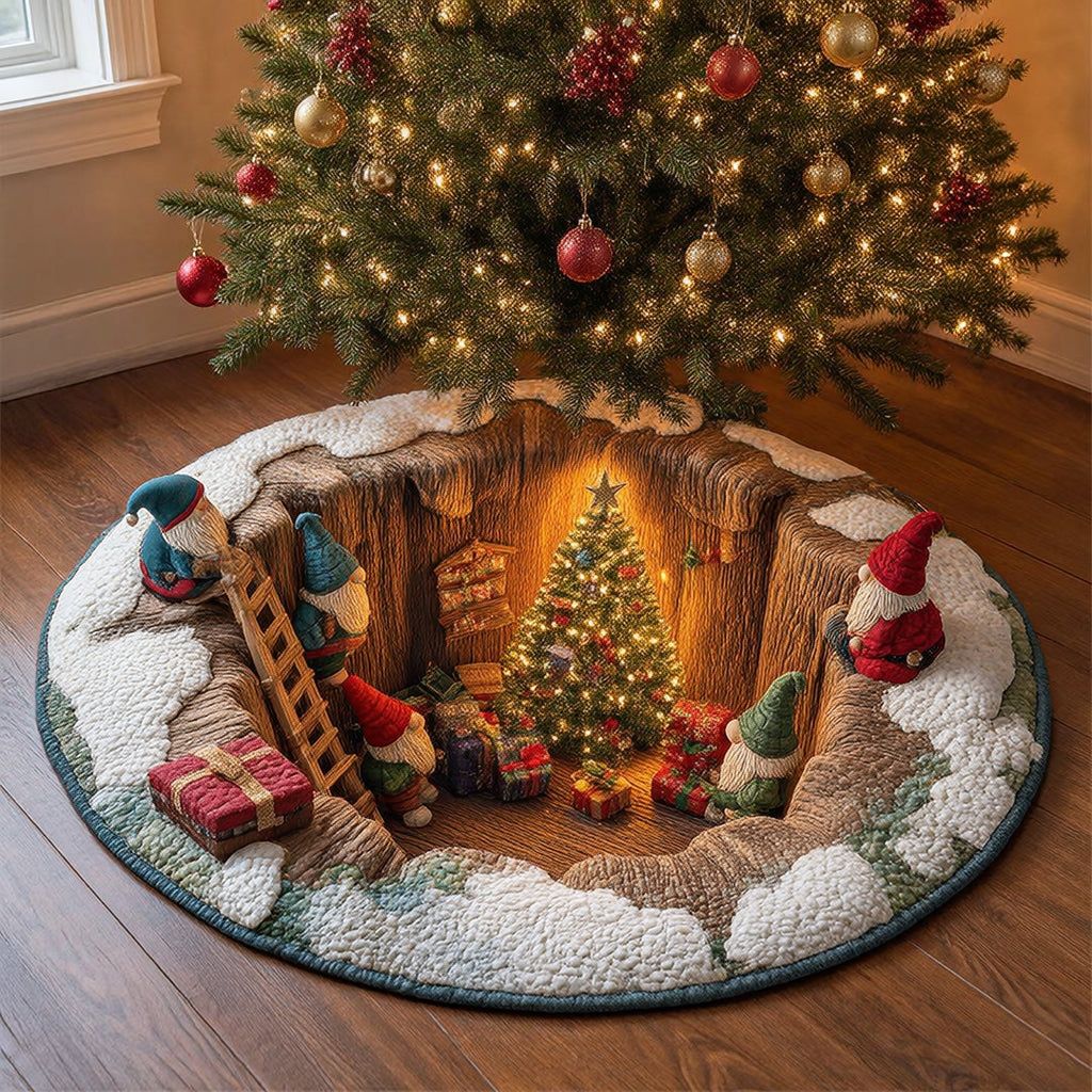 Kerstmagische ronde mat met gnomen en cadeaus - gequilteerde feestelijke huismat 2
