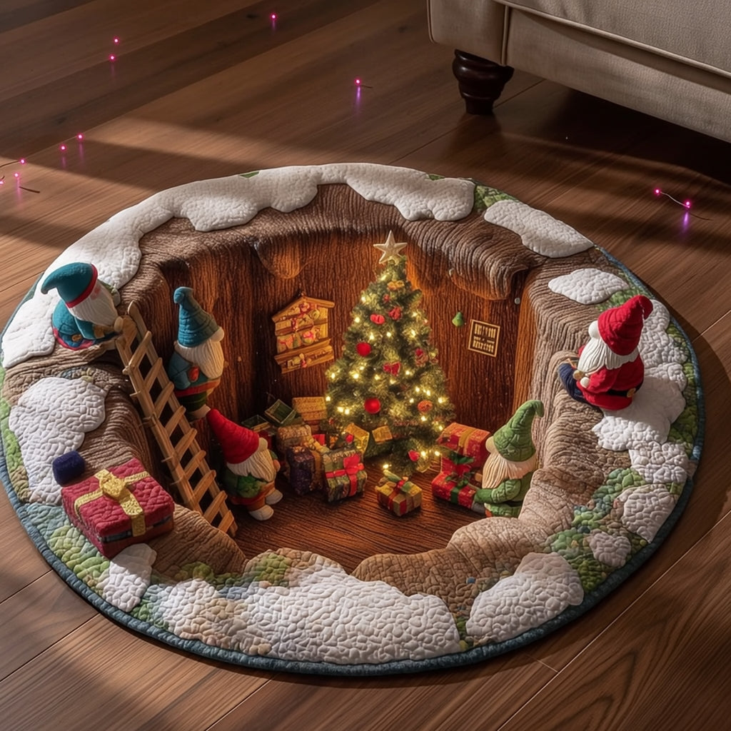 Kerstmagische ronde mat met gnomen en cadeaus - gequilteerde feestelijke huismat 3