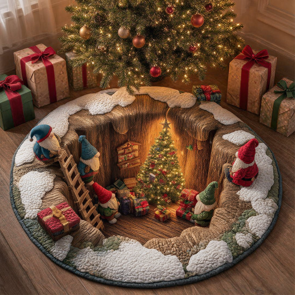 Kerstmagische ronde mat met gnomen en cadeaus - gequilteerde feestelijke huismat 4