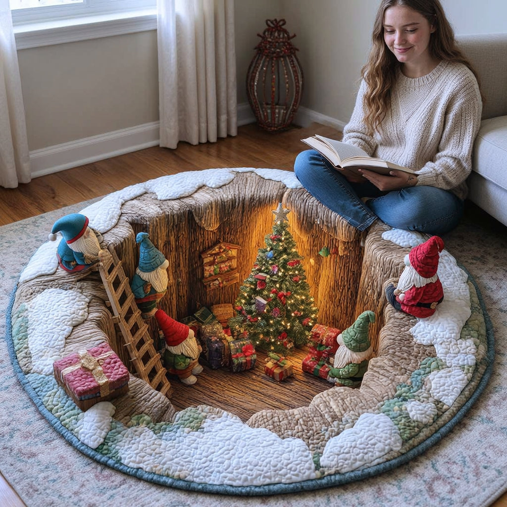 Kerstmagische ronde mat met gnomen en cadeaus - gequilteerde feestelijke huismat 5