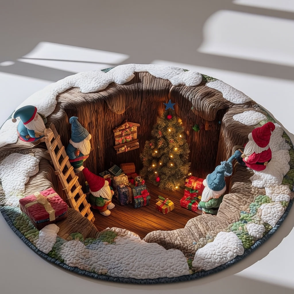 Kerstmagische ronde mat met gnomen en cadeaus - gequilteerde feestelijke huismat 6