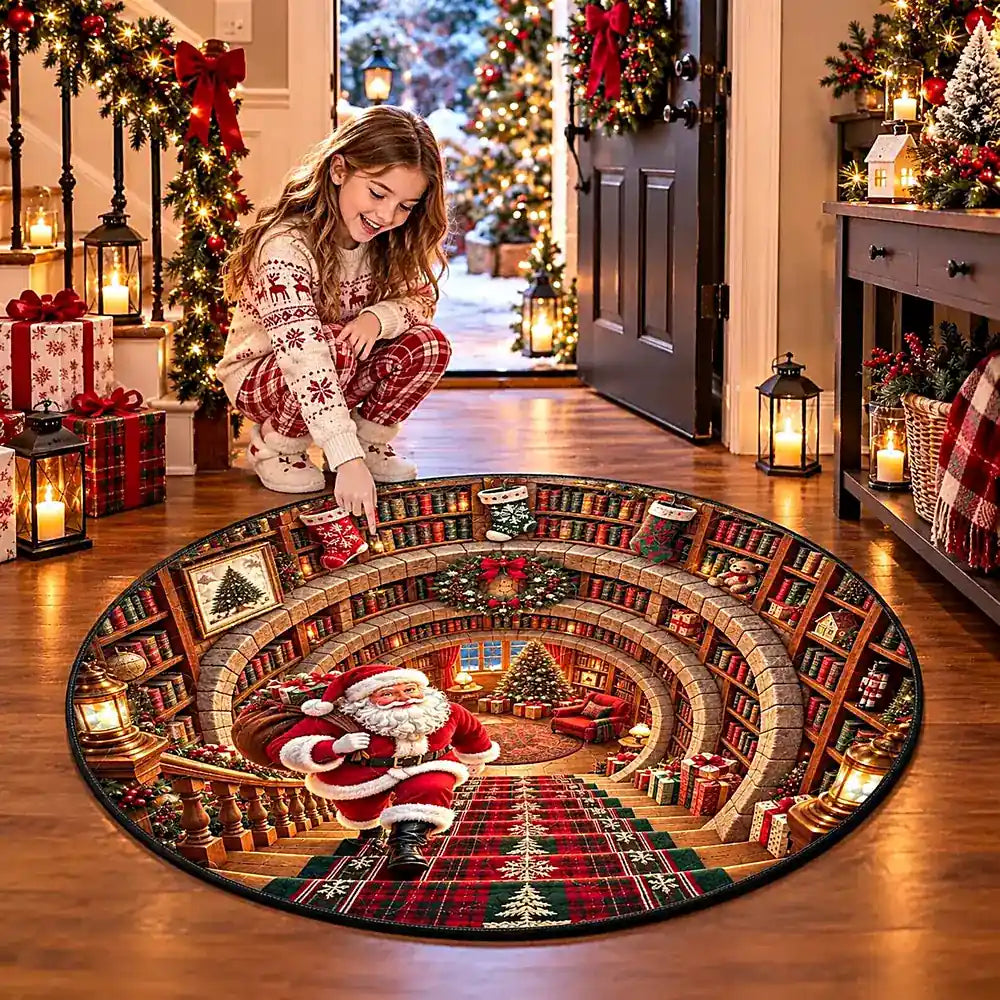 Kerstman bibliotheek ronde vloerkleed met gezellig 3D design in crystal velvet 2