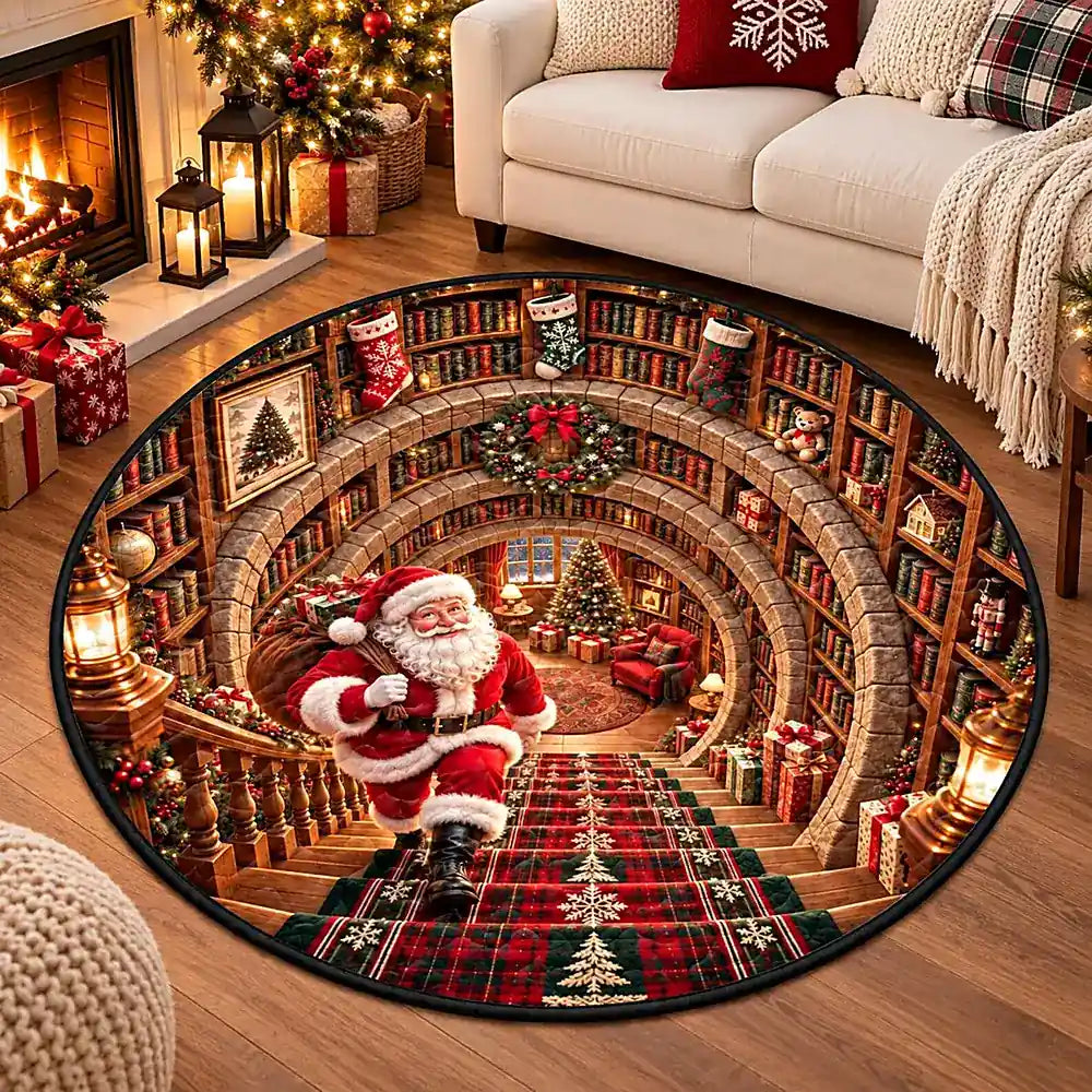 Kerstman bibliotheek ronde vloerkleed met gezellig 3D design in crystal velvet 3