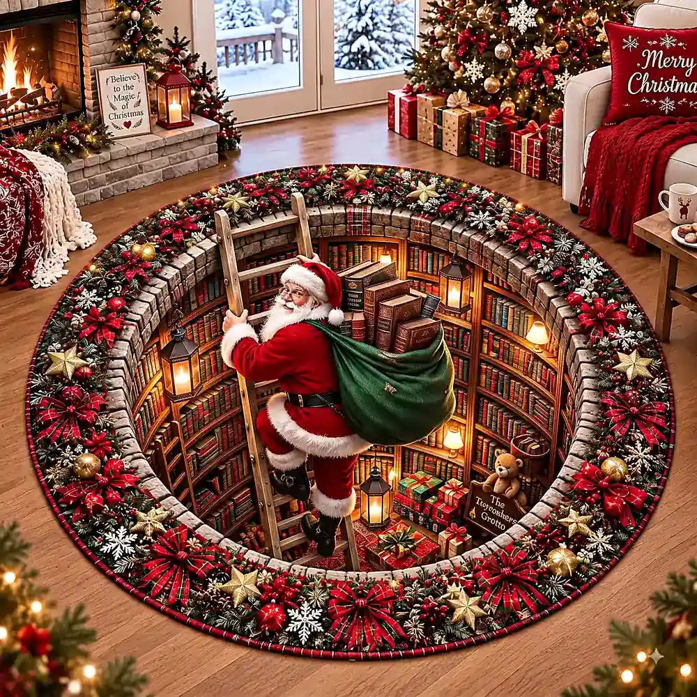 Kerstman Bibliotheek Ronde Vloerkleed - Gezellige gequilted mat met kristalfluweel