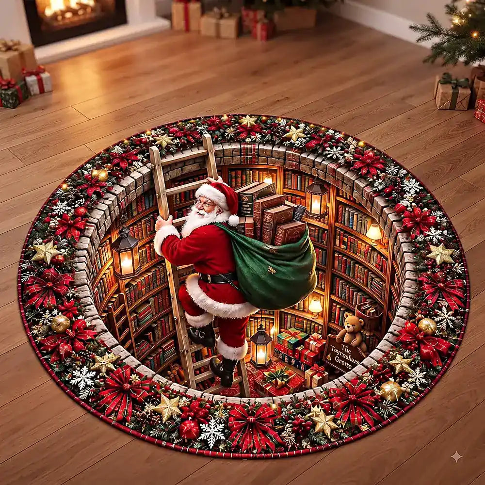 Kerstman Bibliotheek Ronde Vloerkleed - Gezellige gequilted mat met kristalfluweel 2