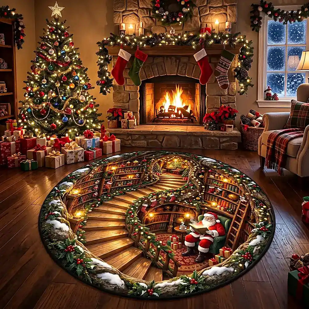 Gezellig ronde vloerkleed met kerstman en boekontwerp in crystal velvet 3