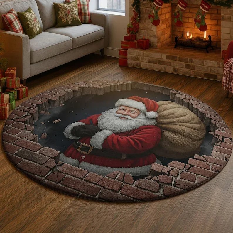 Ronde kerstman vloerkleed met 3D-tunneleffect en rode Kerstman in bakstenen omlijsting 2