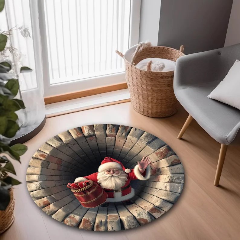 Ronde kerstman vloerkleed met 3D-tunneleffect en rode Kerstman in bakstenen omlijsting 3