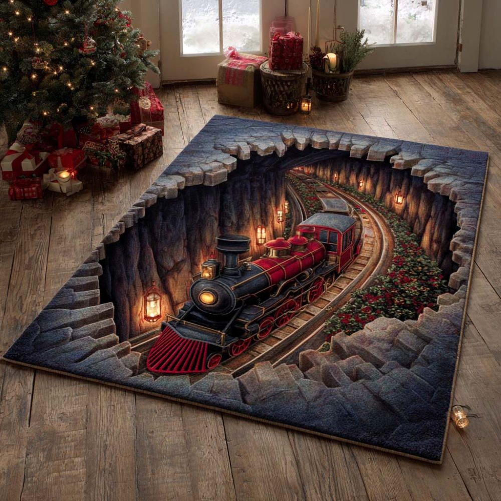 Driedimensionale kerstmis illusie vloerkleed met portaaldesign in kristalfluweel