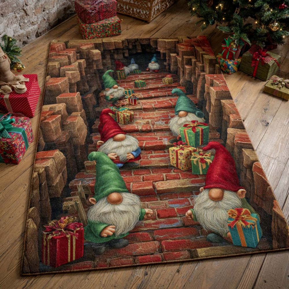 Driedimensionaal kerstmis vloerkleed met tunnelkabouters 3D illusie design