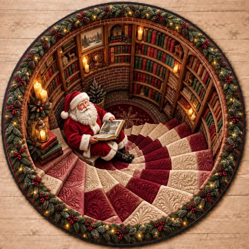 Kerstmis Kerstman Ronde Vloerkleed met Boek - Zachte Gequilted Vloermat