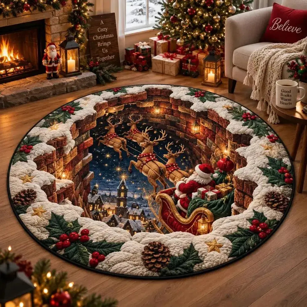 Gezellige Kerstmis Kerstman Slee Ronde Mat in Kristalfluweel - Verschillende maten beschikbaar